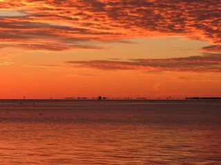 skyline across the bay at sunset