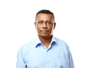 Confident Indian teacher on white background