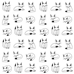 Cute foxes pattern. Hand drawn black and white doodle fox set. Cartoon background, wallpaper, banner, backdrop. Vector illustration. Isolated, on white background