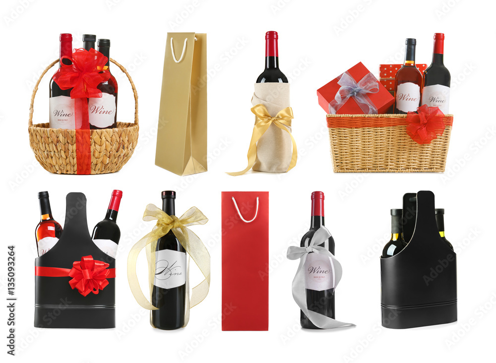 Poster set of wine gifts with festive decor on white background