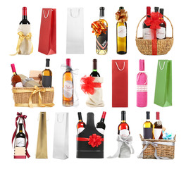 Set of wine gifts with festive decor on white background