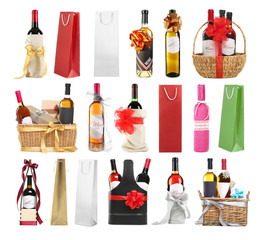 Set of wine gifts with festive decor on white background © Africa Studio