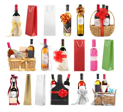 Set of wine gifts with festive decor on white background