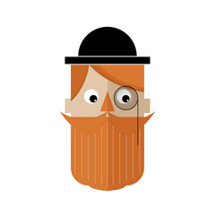 Man with a monocle and a bowler hat with a red beard and a mustache. Flat avatar.