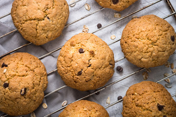 Biscuits with oats and chocolate drops. View from above