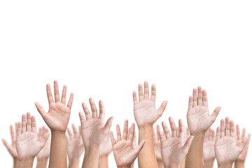 Business crowd raising hands high up on white background. Concep
