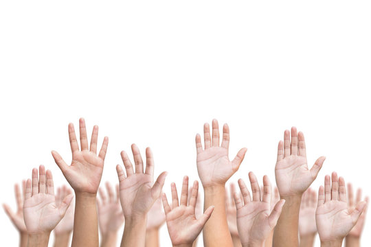 Business crowd raising hands high up on white background. Concep