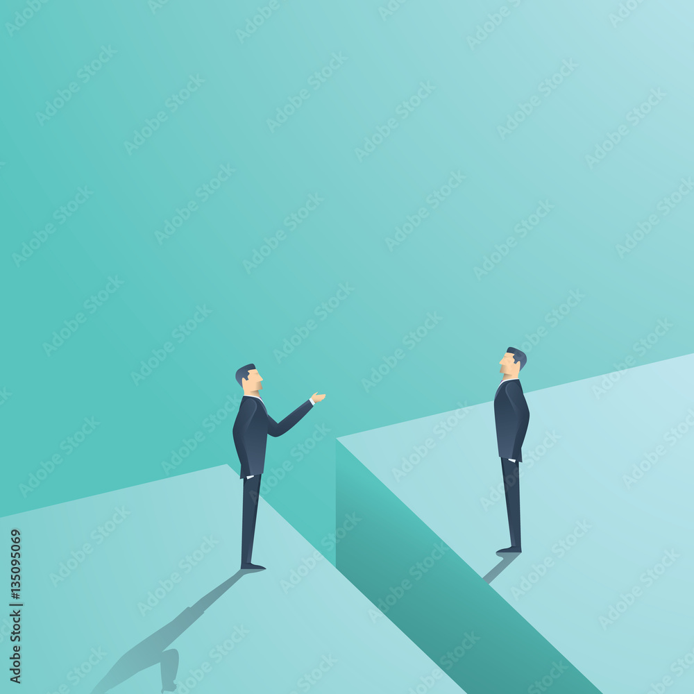 Poster business negotiation or communication vector concept. two man having discussion, bargaining with gap