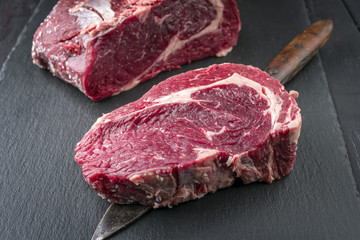 Dry Aged Kobe Rib Eye Steak on a Slate Slab