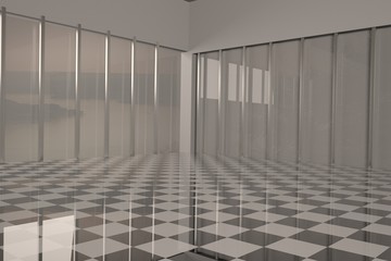 Inside a room with black and white floor