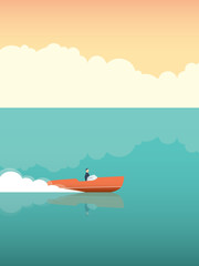 Elegant and rich man riding fast speedboat on the ocean. Vector concept for summer holiday or vacation.