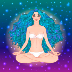 Hand drawn vector illustration of woman sitting in lotus pose yoga. Meditation