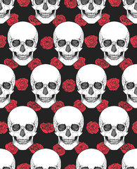 Human skull tribal style seamless pattern. Vector hand drawn illustration. Boho 