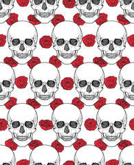 Human skull tribal style seamless pattern. Vector hand drawn illustration. Boho 