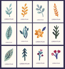 Decorative cards with illustration of flowers and leaves
