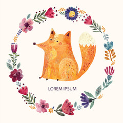 Illustration with cute fox and floral wreath
