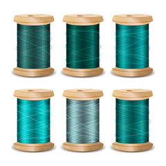 Thread Spool Set. Bright Old Wooden   Bobbin. Isolated On White Background For Needlework And Needlecraft. Stock Vector Illustration