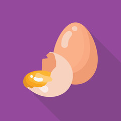 Broken egg flat style with long shadow isolated on purple background. Breakfast elements vector sign symbol