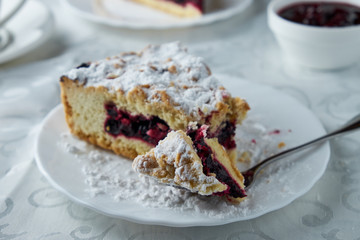 Delicious homemade pie with currants and coffee