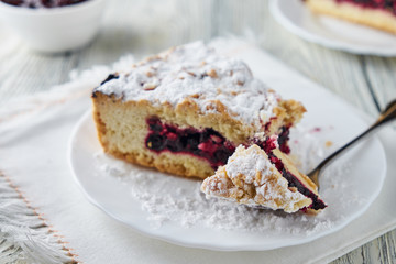 Delicious homemade pie with currants and coffee