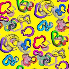 Abstract seamless background color volumetric figures of red mushroom, purple bird, green men and just orange, yellow and blue figurines