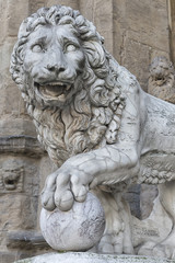 A sculpture of lion by "Piazza della Signoria" in Florence, Italy Renaissance