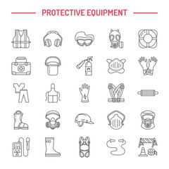 Personal protective equipment line icons. Gas mask, ring buoy, respirator, bump cap, ear plugs and safety work garment. Health protection thin linear signs.