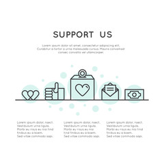 Vector Icon Style Illustration Banner Template for Web Site with Donation Button and Support Slogan, Donate for Project and Developers, Send Money to Help