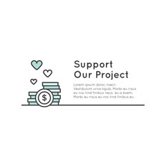 Vector Icon Style Illustration Banner Template for Web Site with Donation Button and Support Slogan, Donate for Project and Developers, Send Money to Help