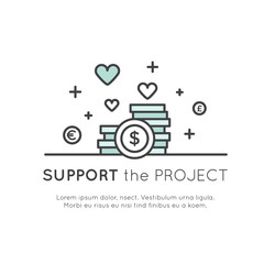 Obraz premium Vector Icon Style Illustration Banner Template for Web Site with Donation Button and Support Slogan, Donate for Project and Developers, Send Money to Help