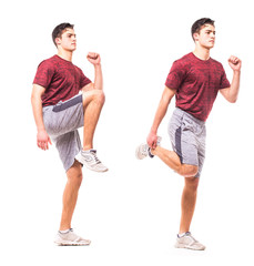 High Knees Butt Kicks. Young man doing sport exercise.