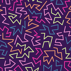 Trendiges nahtloses Muster im Memphis-Stil, inspiriert von Retro-Modedesign der 80er und 90er Jahre. Bunter festlicher Hippie-Hintergrund. Abstrakte Gekritzelillustration aus den achtziger Jahren. Blau, gelb, rot, rosa Farbe.