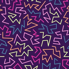 Foto op Plexiglas Memphis stijl Trendy memphis stijl naadloos patroon geïnspireerd door 80s, 90s retro fashion design. Kleurrijke feestelijke hipsterachtergrond. Abstracte doodle illustratie uit de jaren tachtig. Blauwe, gele, rode, roze kleur.