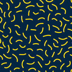 Trendy memphis style seamless pattern inspired by 80s, 90s retro fashion design. Colorful festive hipster background. Abstract doodle illustration from eighties. Black or dark blue and yellow color.