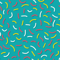 Trendy memphis style seamless pattern inspired by 80s, 90s retro fashion design. Colorful festive hipster background. Abstract doodle illustration from eighties. Blue, yellow, white, color sprinkles.