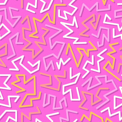 Trendy memphis style seamless pattern inspired by 80s, 90s retro fashion design. Colorful festive hipster background. Abstract doodle illustration from eighties. White yellow, pink color.