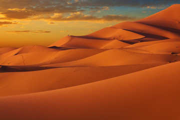 Dunes of Sahara Desert at sunset. Erg Chebbi, Morocco