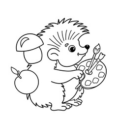 Coloring Page Outline Of cartoon hedgehog with brushes and paints. Coloring book for kids