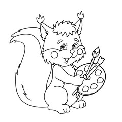 Coloring Page Outline Of cartoon squirrel with brushes and paint. Coloring book for kids