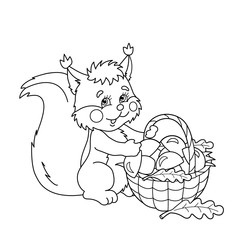 Coloring Page Outline Of cartoon squirrel with basket of mushrooms. Summer gifts of nature. Coloring book for kids 