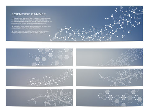 Set Of Modern Scientific Banners. Molecule Structure DNA And Neurons. Abstract Background. Medicine, Science, Technology, Business, Website Templates. Scalable Vector Graphics.
