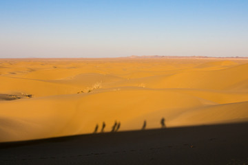 Fototapeta na wymiar Shadows of people walking on Sand dunes in the Maranjab desert, near Kashan, Iran.