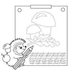 Connect the dots picture and coloring page. Tracing worksheet. Puzzle for kids. Cartoon mushrooms. Coloring Page Outline Of hedgehog with pencil. Coloring book for children. 