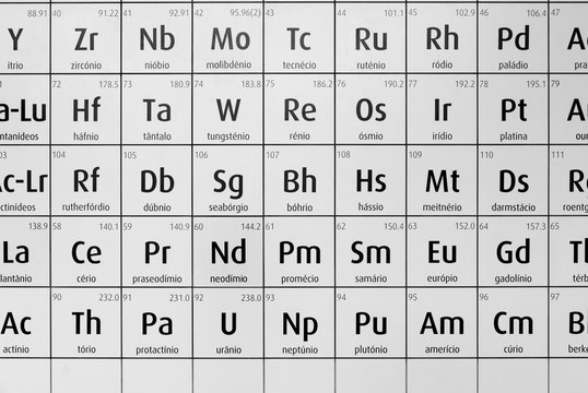 Portuguese black and white periodic table of chemical elements