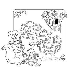Cartoon Vector Illustration of Education Maze or Labyrinth Game for Preschool Children. Puzzle. Tangled Road. Coloring Page Outline Of squirrel with basket of mushrooms. Coloring book for kids.