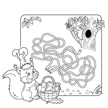 Cartoon Vector Illustration of Education Maze or Labyrinth Game for Preschool Children. Puzzle. Tangled Road. Coloring Page Outline Of squirrel with basket of mushrooms. Coloring book for kids.