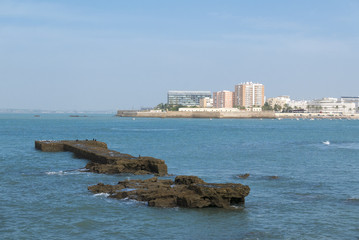 Landscape of Cadiz waterfront and town from the beach. Spain