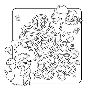Cartoon Vector Illustration of Education Maze or Labyrinth Game for Preschool Children. Puzzle. Tangled Road. Coloring Page Outline Of hedgehog with mushrooms. Coloring book for kids.