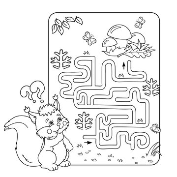 Cartoon Vector Illustration of Education Maze or Labyrinth Game for Preschool Children. Puzzle. Coloring Page Outline Of squirrel with mushrooms. Coloring book for kids.