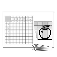 Fototapeta premium Apple. Black and white japanese crossword with answer. Nonogram with answer. Graphic crossword. Puzzle game for any age.